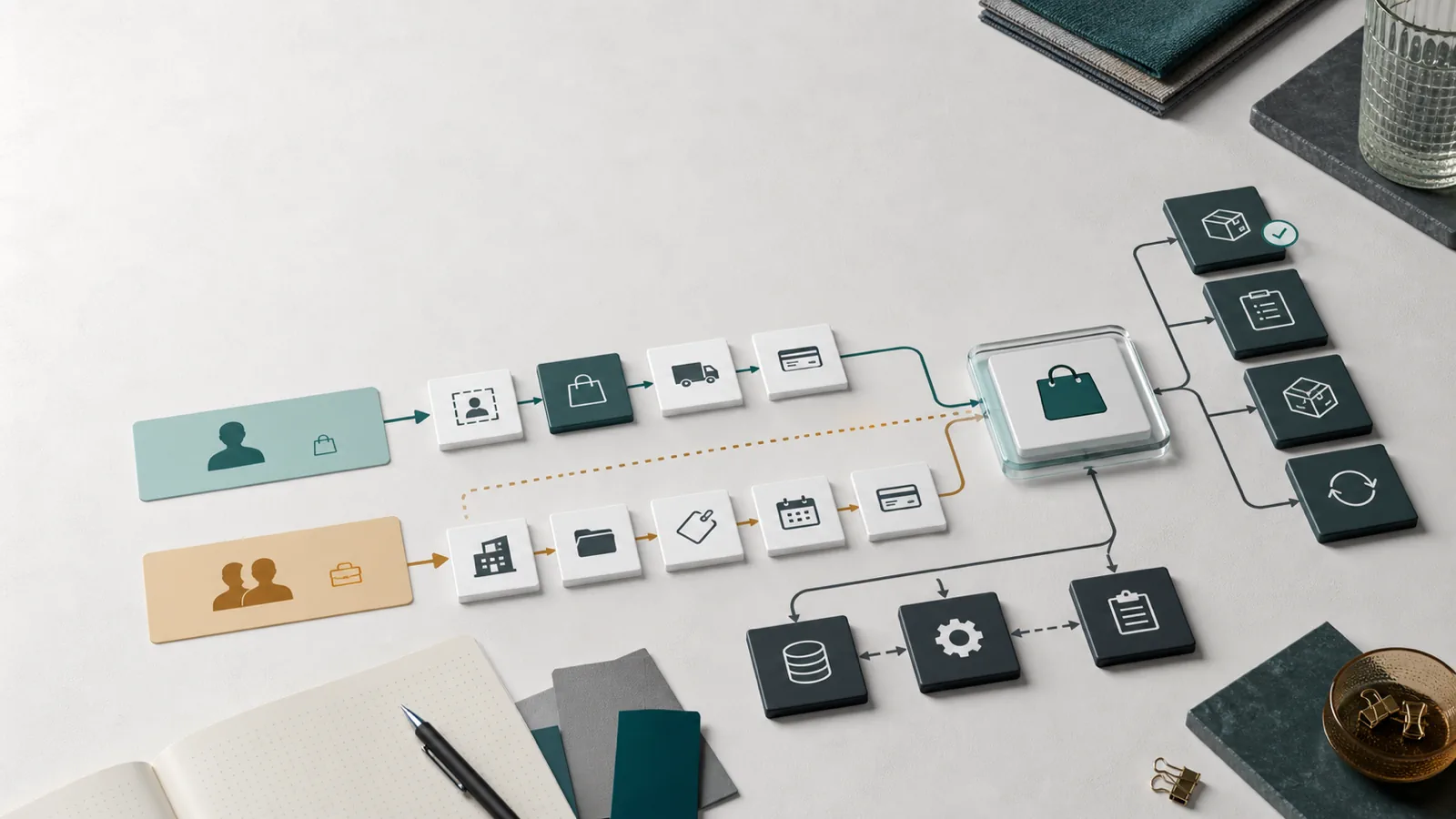 B2B Shopify migration scope map connecting retail buyers, wholesale buyers, pricing, catalogs, accounts, inventory, and order flow
