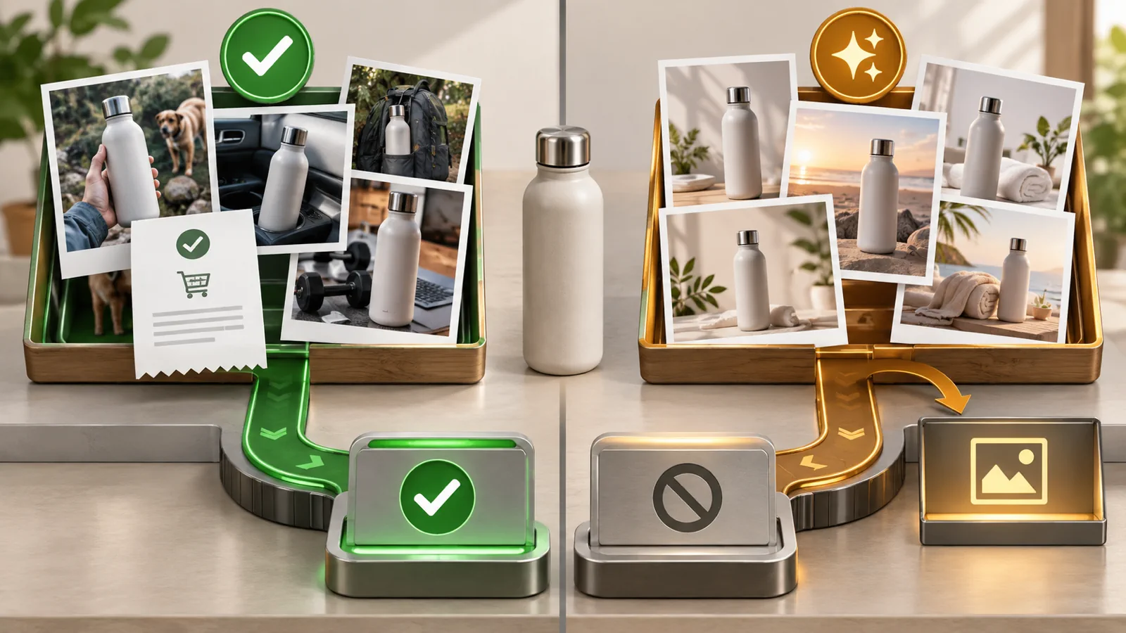 Real customer-use photos feed a proof path while synthetic lifestyle images remain visual context
