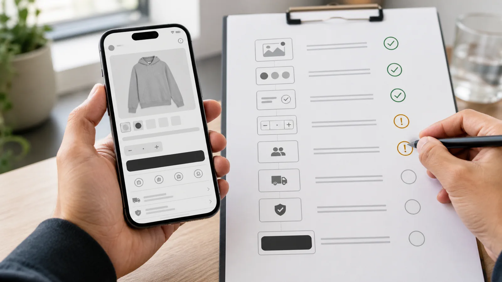 Founder auditing a Shopify mobile product page sequence before sending paid traffic
