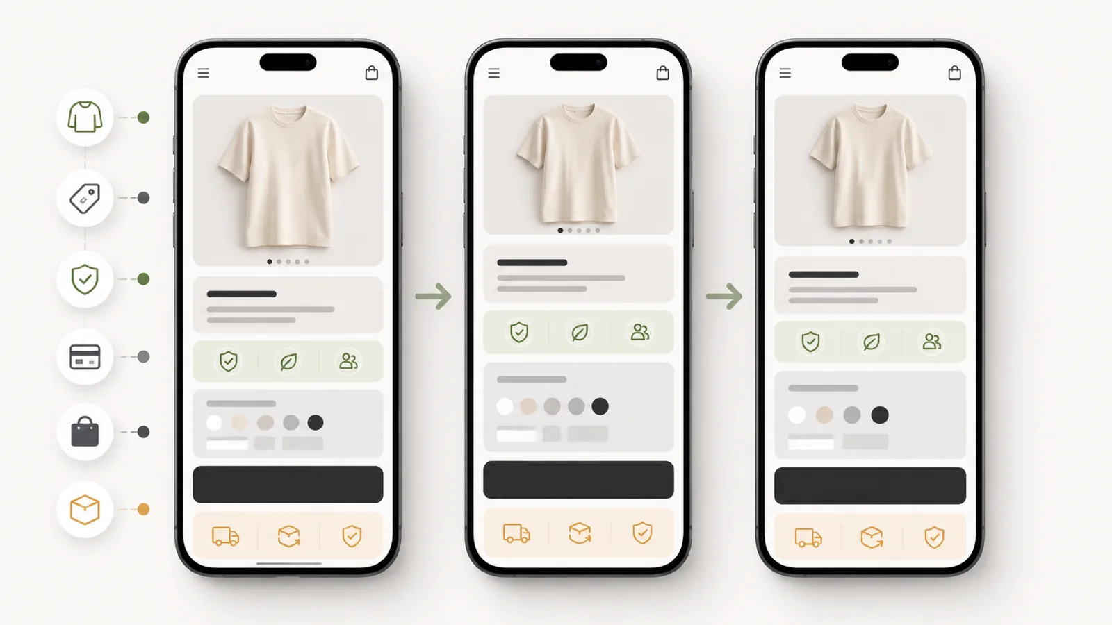 Three mobile product page wireframes showing PDP information order before the CTA
