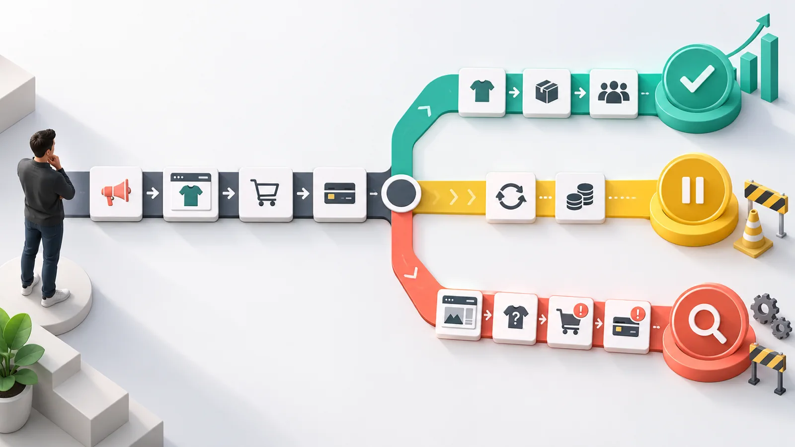 Shopify buying journey branching into scale hold and diagnose decisions