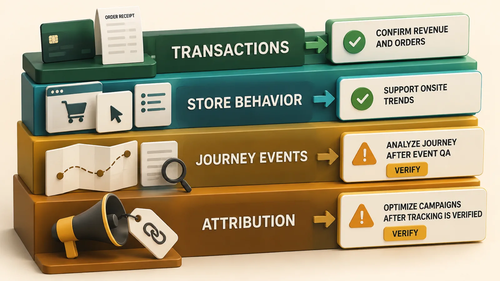 Four-level evidence ladder separates Shopify transactions, store behavior, journey events, and attribution