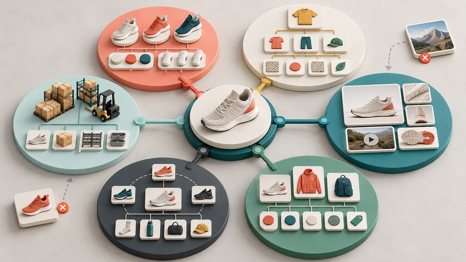 Product catalog data model connecting variants, taxonomy, media, merchandising, and fulfillment records