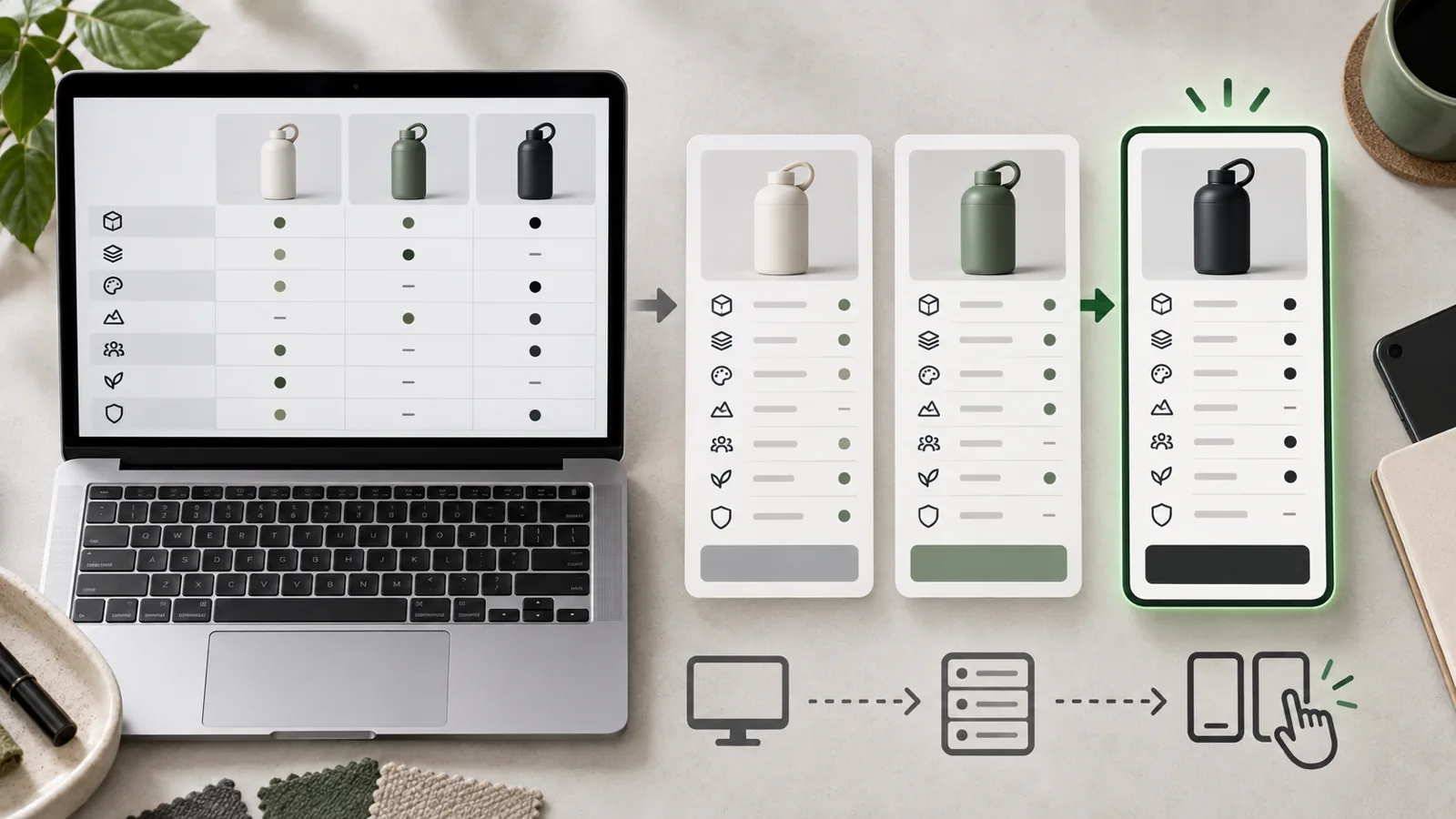 Product comparison patterns mapped from desktop table to mobile chooser cards