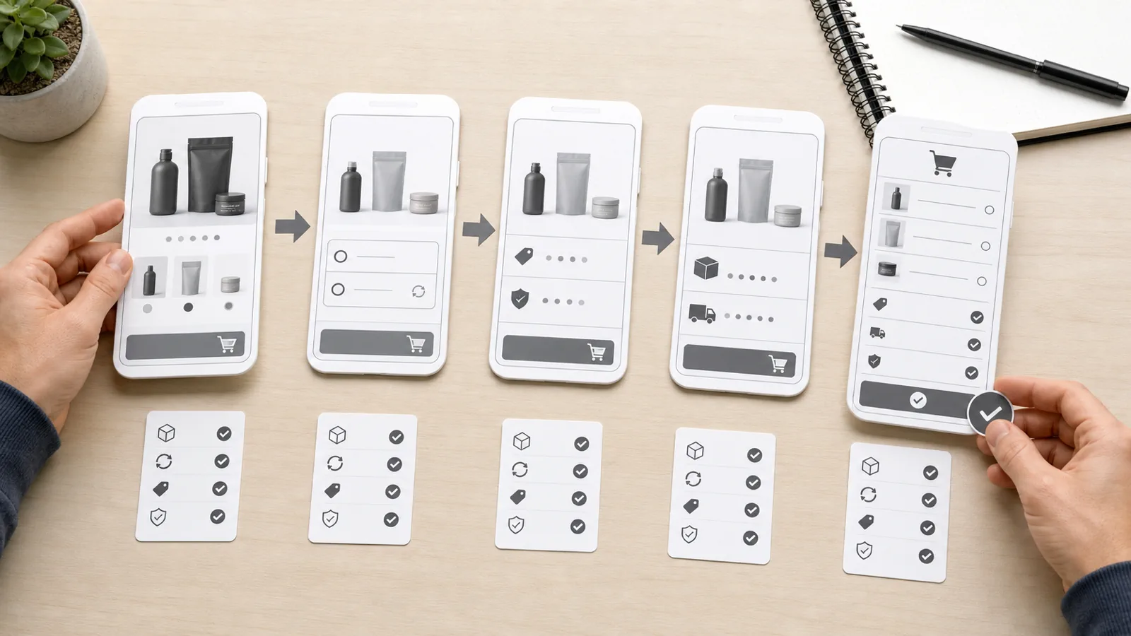 Mobile bundle QA flow showing product selections and reassurance carrying into cart