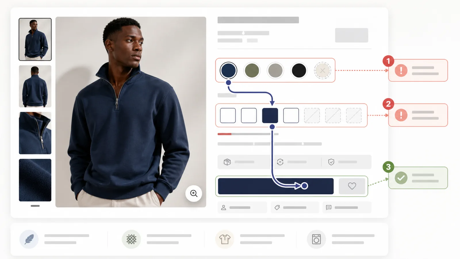 Shopify apparel product page variant selector showing where swatches, sizes, images, and CTA confidence can break