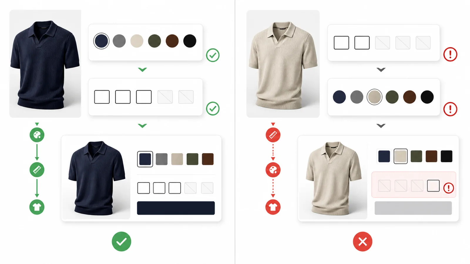 Comparison of color-first and size-first Shopify variant selection showing how availability states affect buyer clarity