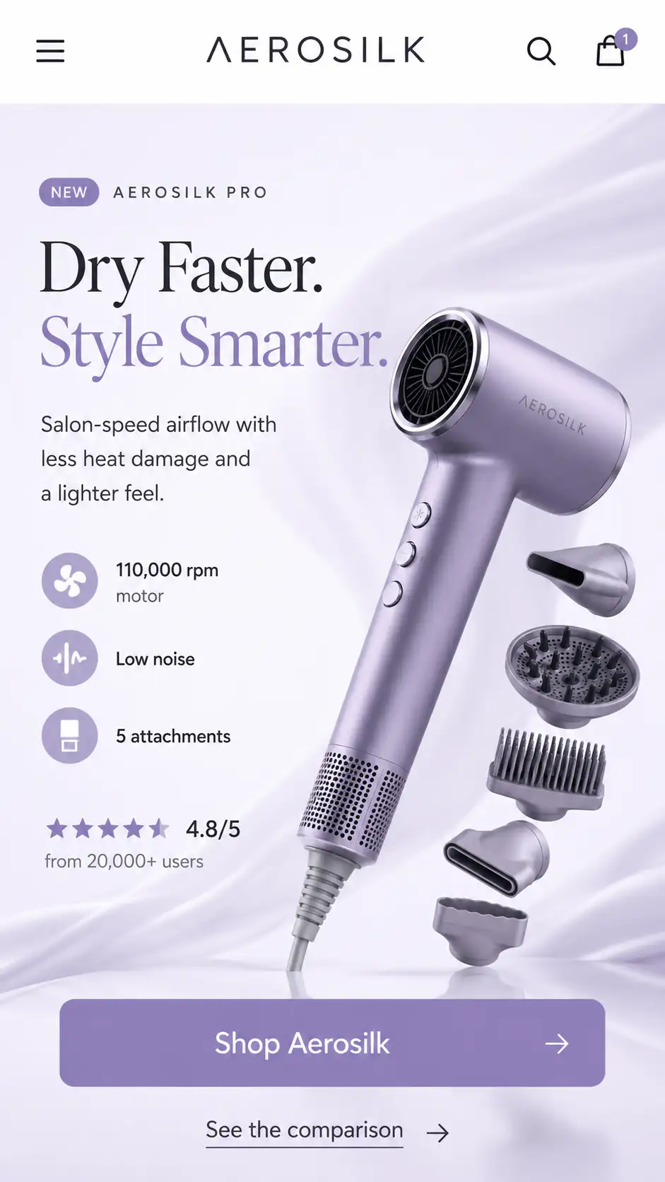 Hair dryer ecommerce hero screen