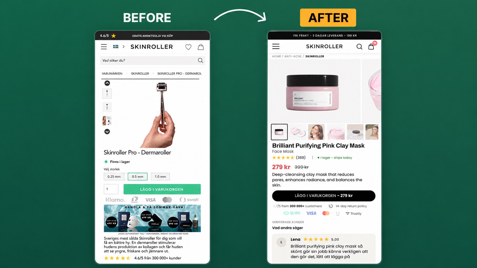 Before and after ecommerce product page redesign showing a clearer buying journey